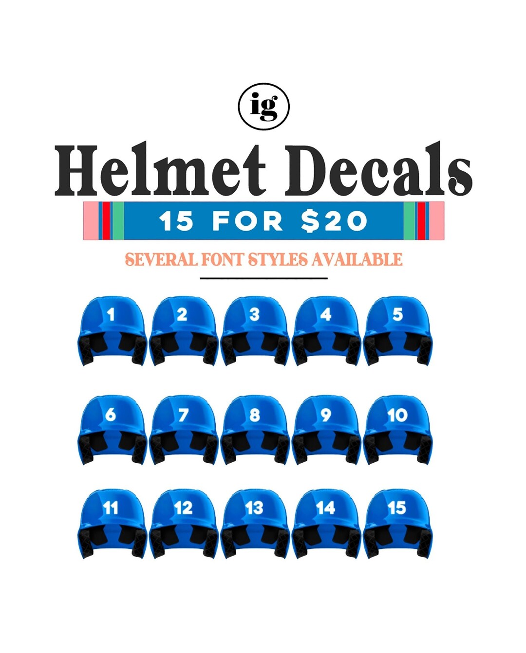 TEAM SET Baseball Helmet Number Decal / Baseball Helmet Decal