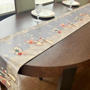 Extra Long Japanese Obi Silk Table Runner – Slate Blue Fan and Floral 105" × 12" Custom Size TR013