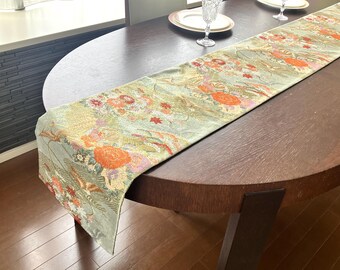 Saga Nishiki Silk Table Runner – Sage Green Autumn Floral | 250cm | PTR013