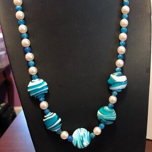 Genuine Apatite gemstone bead necklace with Blue Glass beads