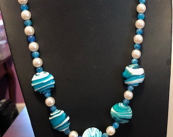 Genuine Apatite gemstone bead necklace with Blue Glass beads