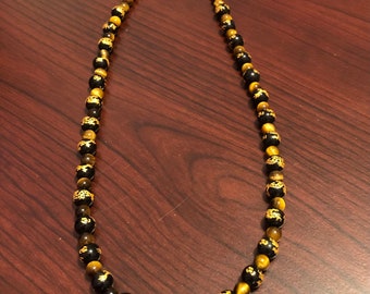 Genuine Tigers eye gemstone bead Necklace with black And gold dragon beads for men or women