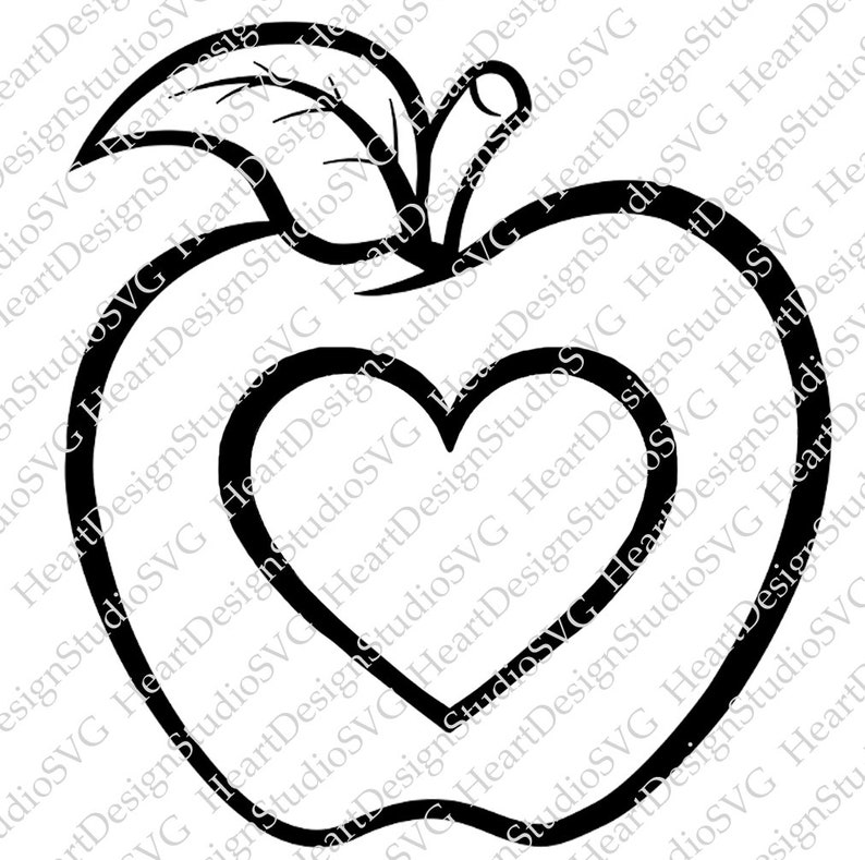 Apple With Heart Instant Downloads in Black & White 2-SVG, 2-PNG, 2-EPS ...