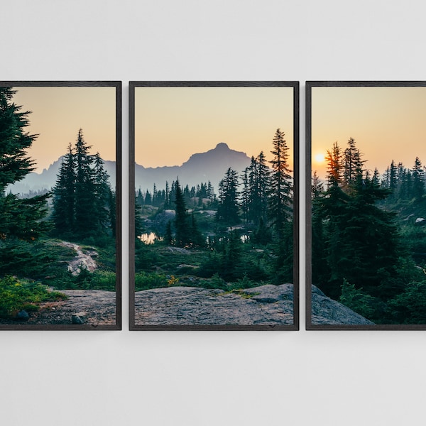 3 Piece Forest Wall Art Printable Set, Green Mountain Landscape Triptych Sunrise Wall Art Prints, Large Wall Decor Neutral, Nature Printable