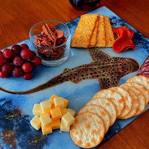 Leopard Shark Rectangular Glass Cutting Board 2 Sizes, Charcuterie Boards, Handmade Barware and glassware, Bar Cutting Board Shark Art Gifts