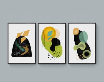 3-teiliges Wandbild zum Ausdrucken, Mid Century Modern Art Dekor, minimalistische Kunst Poster, abstrakt grün gold schwarz, neutral MCM Wandkunst 3er Set