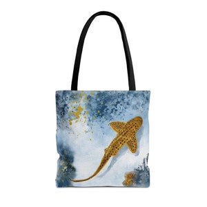 Leopard Shark Art Ocean Inspired Style Beach Tote Bag, Shark School or Work Blue Tote Bag, Men or Women&#39;s Shark Gift, 2 Handle Colors
