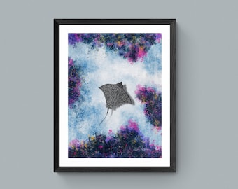 Spotted Eagle Ray Watercolor Print, Coastal Ocean Wall Art