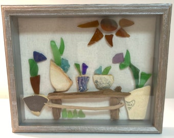 Plants, potted plants, Framed Sea Glass Art,  Flower, coastal decor, beach decor, Chesapeake Bay, unique art, pottery, beach glass, garden