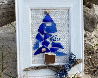 Christmas Tree Art, Sea Glass Art, Sea Glass Christmas, sea pottery, driftwood, Chesapeake Bay, Framed Sea Glass Art, Christmas Hostess Gift