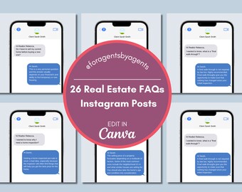 Puede incluir: Un collage de nueve imágenes que muestran la pantalla de un teléfono inteligente con una conversación de mensajes de texto sobre preguntas frecuentes sobre bienes raíces. El texto en la pantalla dice "@foragentsbyagents 26 Preguntas Frecuentes sobre Bienes Raíces Publicaciones de Instagram EDITAR EN Canva".