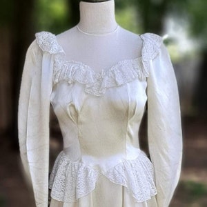 Vintage 1940s Liquid Satin Fitted Victorian Wedding Dress/  Long Double Veil