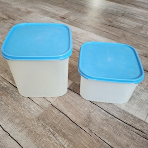 May include: Two square, translucent plastic food storage containers with light blue lids. The containers are different sizes, with the larger one on the left and the smaller one on the right. The lids are a solid light blue color.