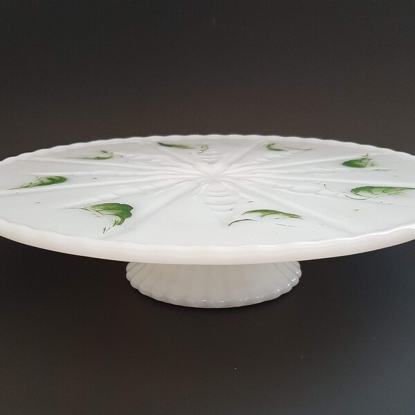 Vintage White Milk Glass  10" Cake Stand Green Leaves