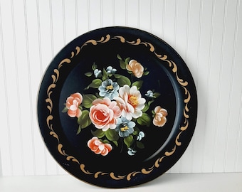 Vintage Hand Painted Black Floral Toleware Large Round Tray
