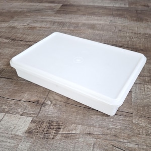 May include: A white rectangular plastic container with a matching lid. The container is empty and sits on a wooden surface. The lid has a slightly raised center. The container is designed for food storage.