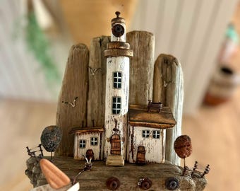 Handmade Driftwood Lighthouse Key Holder, Coastal Wall Decor, Rustic Cottage Key Rack