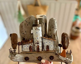 Handmade Driftwood Lighthouse Key Holder, Coastal Beach House Wall Decor