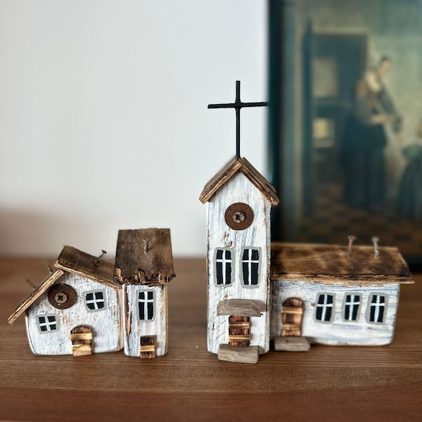 Rustic Driftwood Miniature Church & House Decor Set
