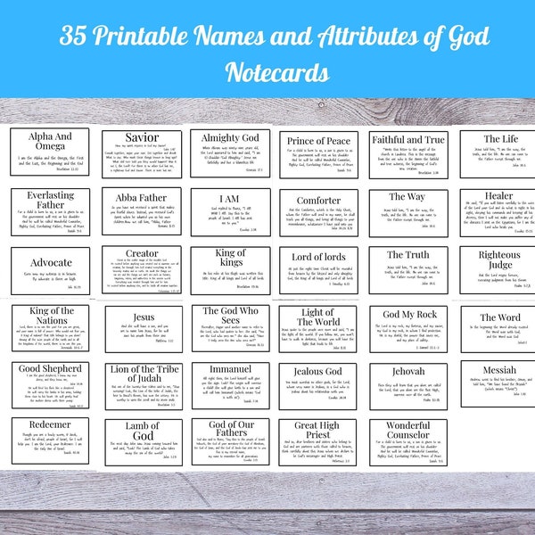 35 Names and Attributes Of God 3x5 Notecards, Printable Scripture Verse Names of God Cards, Learning to Know God by His Name Cards,