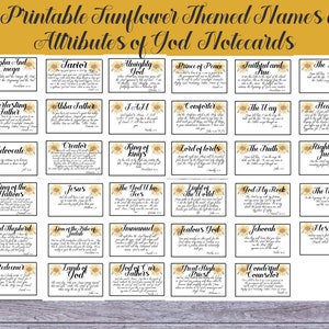 35 Sunflower Themed Names and Attributes Of God 3x5 Notecards, Printable Scripture Verse Names of God Cards,  Knowing God by His Name Cards,