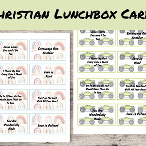 Christian Lunchbox Cards for Boys and Girls, 8 Printable Rainbow Art Cards, 8 Monster Truck Cards, Christian Verses Lunchbox Cards
