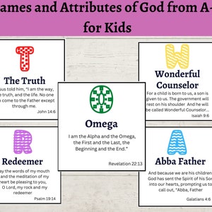 Nombres y atributos de Dios de la A a la Z: Tarjetas para niños, Tarjetas de Escrituras imprimibles para niños, Versículos para memorizar para niños, Nombres de Dios para niños