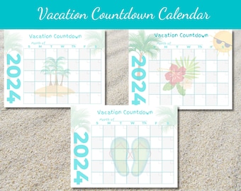 2024 Family fun Vacation Countdown Calendar, Printable Vacation Countdown Calendar,  Beach themed Vacation Countdown Calendar, Fun for Kids