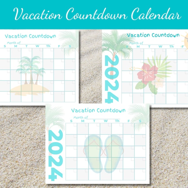 2024 Family fun Vacation Countdown Calendar, Printable Vacation Countdown Calendar,  Beach themed Vacation Countdown Calendar, Fun for Kids