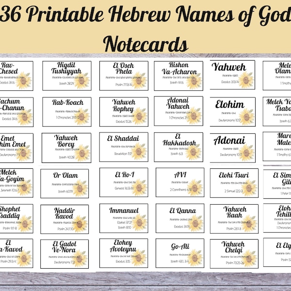 36 Hebrew Names Of God 3x5 Notecards, Printable Names of God Notecards, Scripture Verse Names of God, Learning to Know God by His Name Cards