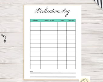 May include: A white Medication Log sheet with a teal header and footer. The header includes the words "Medication Log" in cursive. The sheet has columns for medication, purpose, dosage, and ending date. The footer repeats "Medication Log".