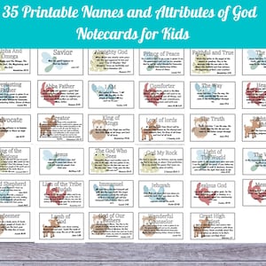 35 Names and Attributes Of God For Kids3x5 Notecards, Printable Scripture Verse Names of God Cards, Learning to Know God by His Name Cards,