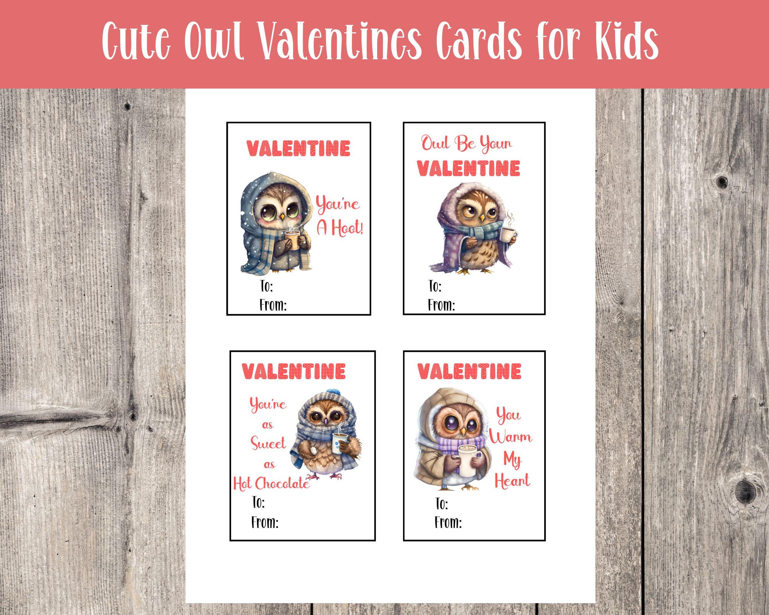 Owl Valentine Cards for Kids, Printable Gift Tags (PDF Download