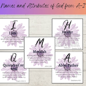 May include: A set of nine colorful cards with floral designs and text about the names and attributes of God. Each card features a different letter of the alphabet and a corresponding name or attribute of God, such as "I Am", "Messiah", "Healer", "Quieter of my soul", and "Abba Father".