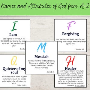 Leuke namen en attributen van God van A-Z Notitiekaarten, afdrukbare schriftkaarten, namen van God voor tieners, bijbel-ABC's, namen van God van a-Z