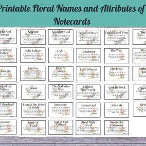 35 Floral Names and Attributes Of God 3x5 Notecards, Printable Scripture Verse Names of God Cards, Learning to Know God by His Name Cards,
