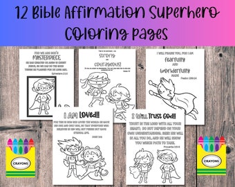 12 Kids Coloring Bible Verse Pages, Printable Superhero Bible verse Coloring Pages. These fun coloring pages Affirm their Value in Christ