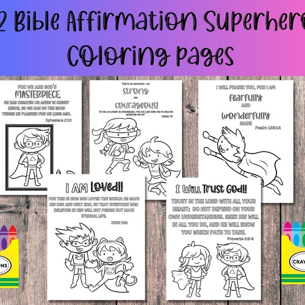 12 Kids Coloring Bible Verse Pages, Printable Superhero Bible verse Coloring Pages. These fun coloring pages Affirm their Value in Christ