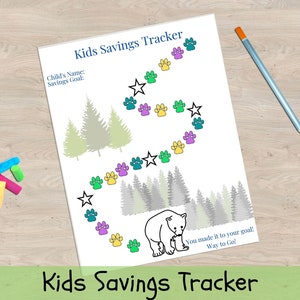 Cute Bear themed Savings Tracker, Printable Savings Tracker. Follow the bear paws to your Savings Goal. Helping kids learn to Save.