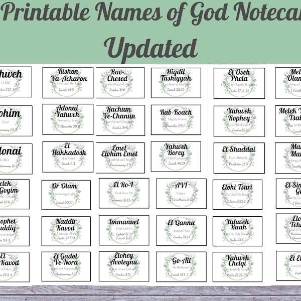 Updated 36 Hebrew Names Of God 3x5 Notecards, Printable Names of God Notecards, Scripture Verse Names of God, Learning to Know God by Name