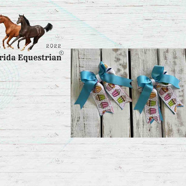 Equestrian Show Hair Bows cupcake print, Horse Show Bows, 4” hair bows, Teal Cupcake Classic Hunter Jumper bows, Classic bow