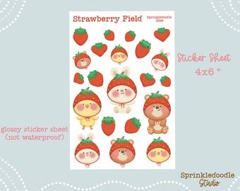 Strawberry Animal Stickers: Cute Bear, Rabbit & Chick (4x6" Sheet)