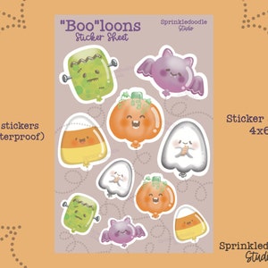 以下が含まれることがあります： ハロウィンをテーマにした様々なキャラクターが描かれたステッカーシート。幽霊、コウモリ、カボチャ、キャンディーコーン、フランケンシュタインのモンスターなどがあります。シートのサイズは10x15cmで、ステッカーは光沢がありますが、防水ではありません。シートの上部には「Boo"loons Sticker Sheet」というテキストが書かれています。