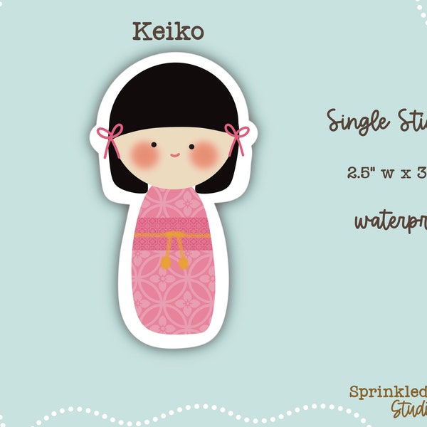 Kawaii Keiko: Adorable Kokeshi Doll Waterproof Sticker for Water Bottles, Laptops, and Kawaii Gear