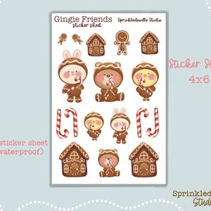 Gingie Friends Sticker Bogen - Niedliche Lebkuchen Figuren, Zuckerstangen, Lebkuchenhäuser, Planer Aufkleber, Urlaub Journal Dekoration