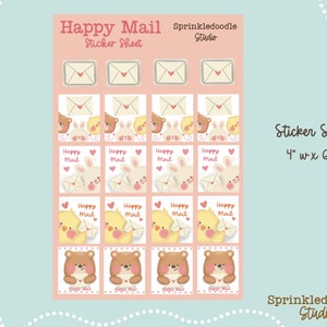 Happy Mail: Hoja de calcomanías kawaii con un lindo oso, conejito y pollito: ¡perfecta para escribir cartas, enviarlas por correo postal y regalarlas!