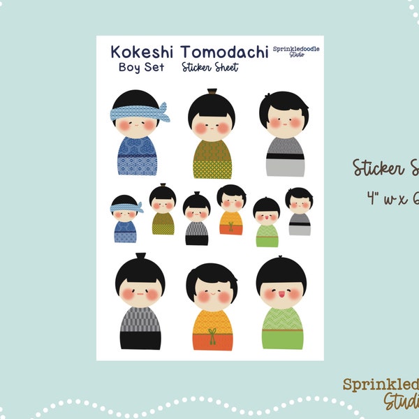Kokeshi Tomodachi: Adorable Boy Doll Sticker Sheet for Journaling, Planners, and Kawaii Stationery Collectors