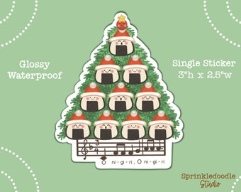 Christmas Onigiri Sticker: Kawaii Rice Ball Tree, Waterproof Vinyl