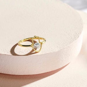 14K Gold Hamsa Ring Handmade Minimalist Fatima Hand Ring Evil Eye Protection Jewelry Gift for Her Guardian Ring Spiritual Confirmation Gift