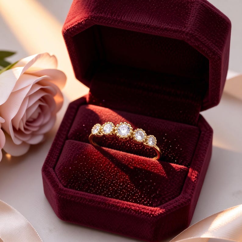 Milgrain Bezel Five Stone Ring in Solid Gold, Graduated Clear Cubic ...